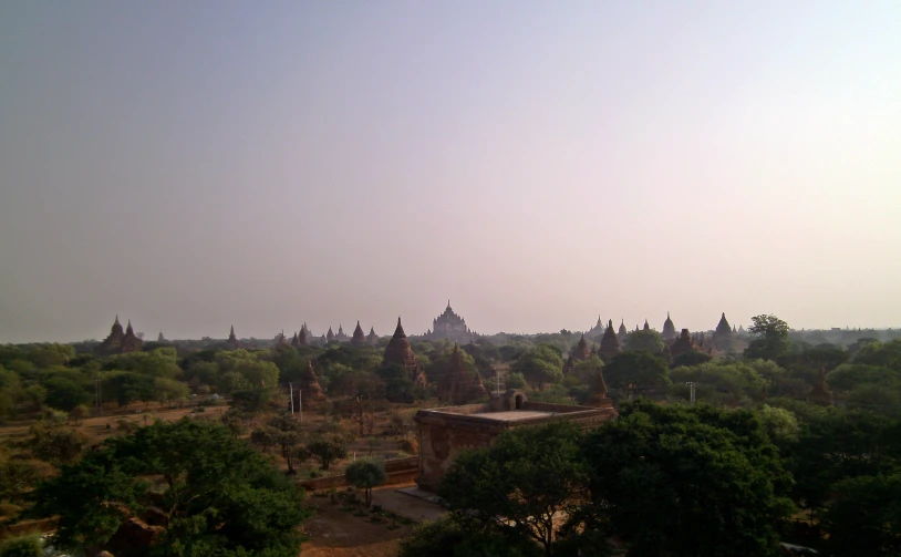 a tree covered plain is shown under a sky