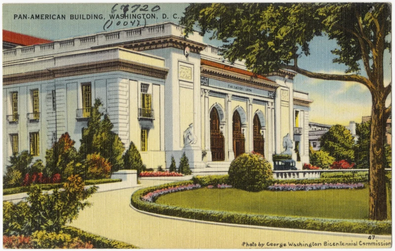 a postcard with an image of a large building