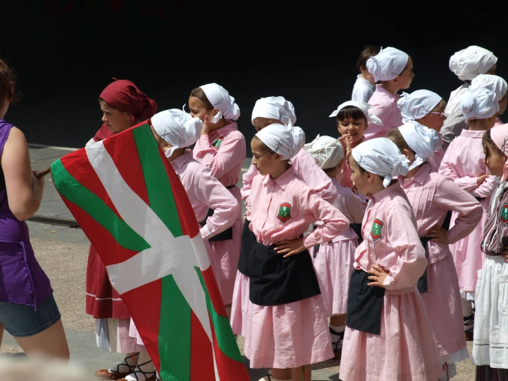 a group of women in pink dress standing next to a flag