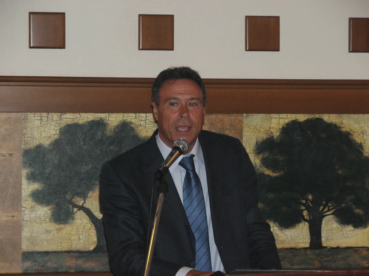 a man speaking into a microphone in front of paintings