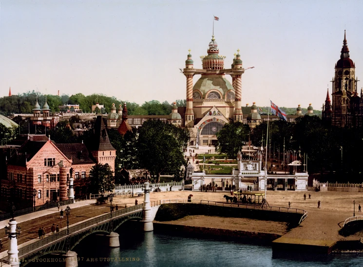 an old image of a city on the river