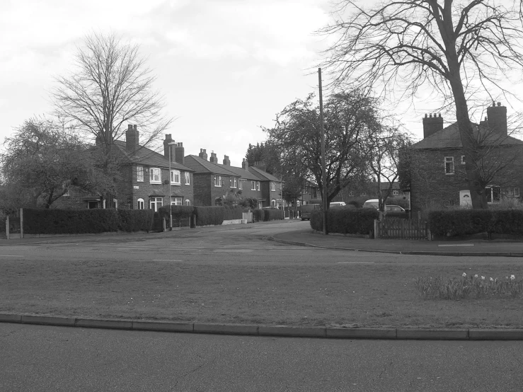 a black and white po of the street and houses