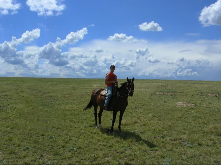 a young man riding on the back of a horse across a lush green field