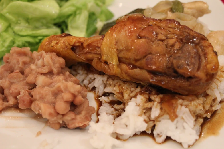 a white plate with food that includes rice and meat