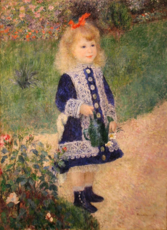 a painting of a girl holding a flower pot