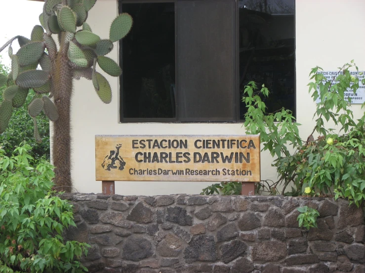 a sign on a stone wall that reads estaon cieniica charles darwin