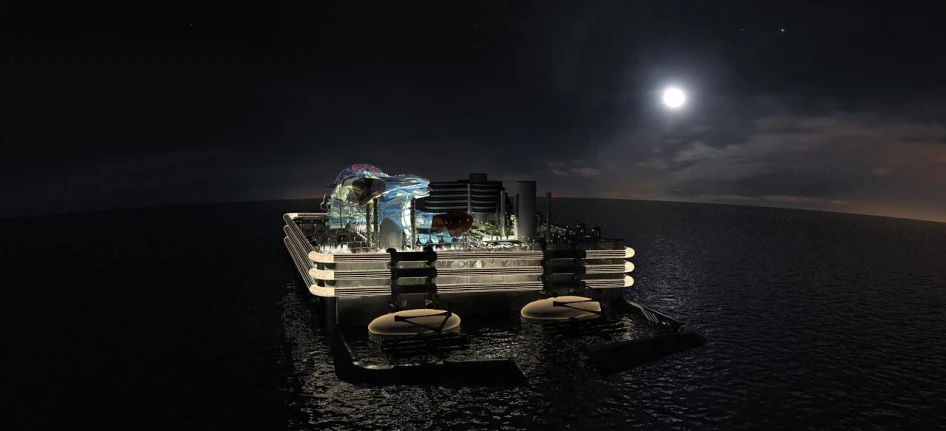 an artistic rendering of a boat in the ocean with a moon above it