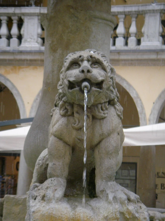 the fountain features lions and a water spout