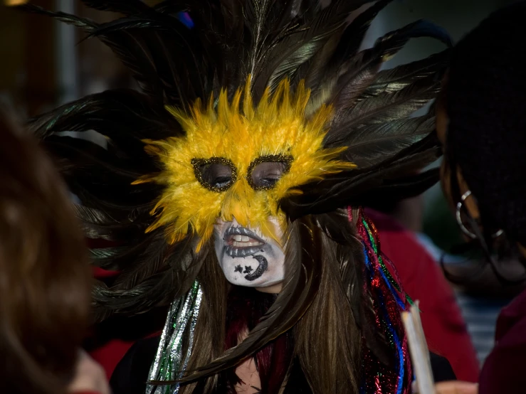 this is a woman with a mask and feather hair