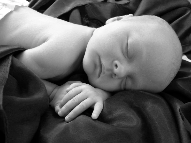 a baby curled up in a blanket with its head resting on it