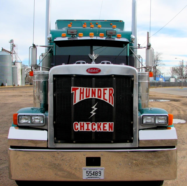 the truck has a thunder chicken sticker on it