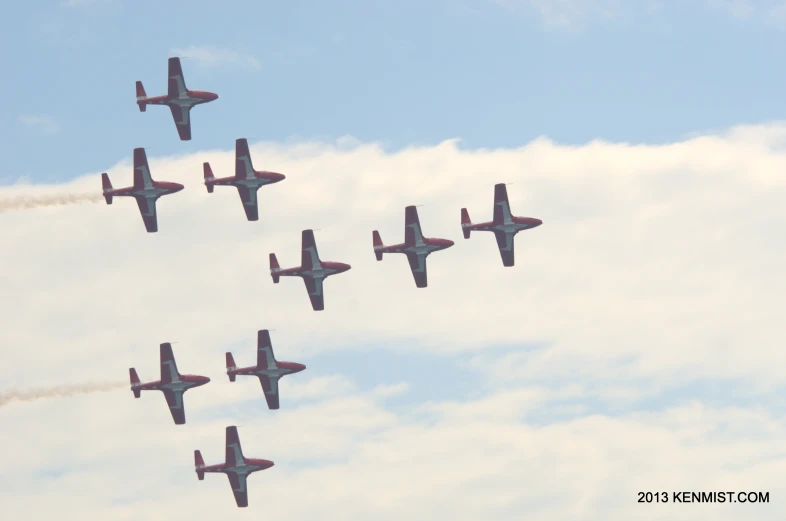 seven jets flying in formation across the sky