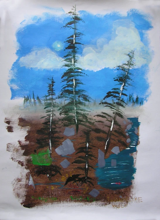 a painting of trees that are growing on land