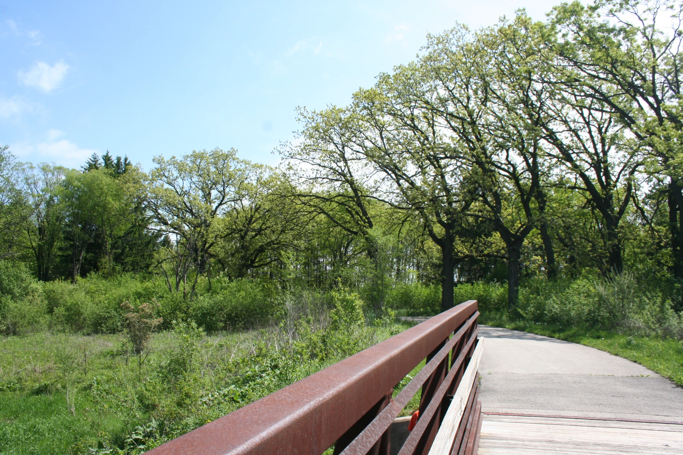 a wooden bridge with trees in the background