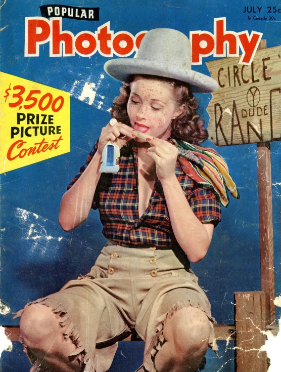 the cover of an old magazine with a woman in a hat on top of a post