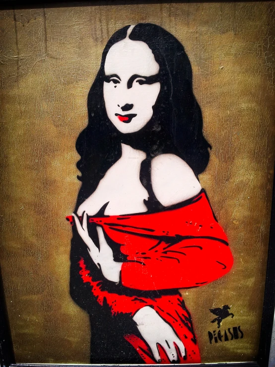 a painting of a woman in a red dress with long black hair