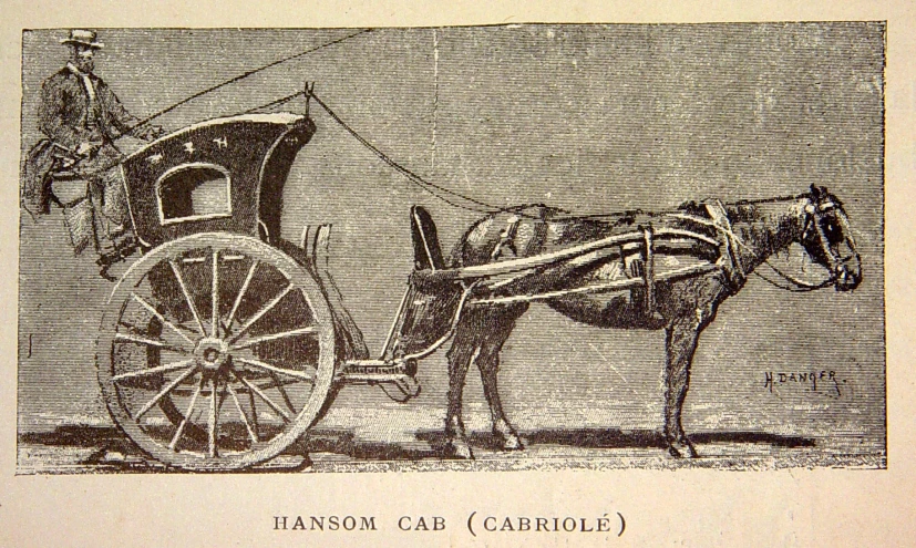 a carriage with two people in it and a horse in the back