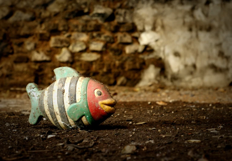 a small multicolored fish sitting on the ground next to a rock wall