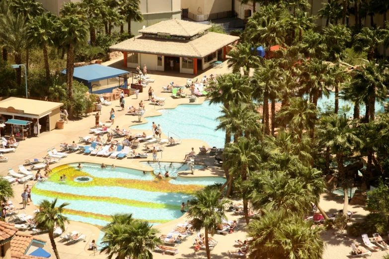 people at a resort with water park in background