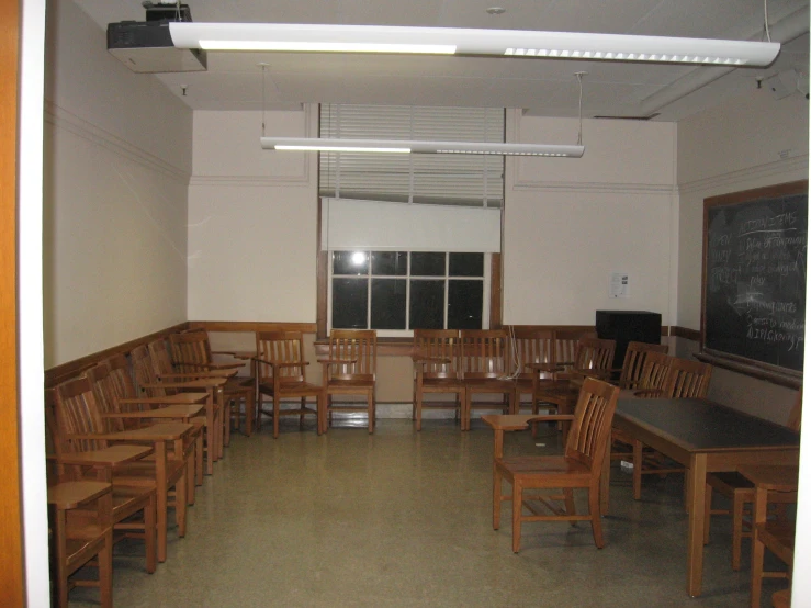 a room with several chairs and tables in it