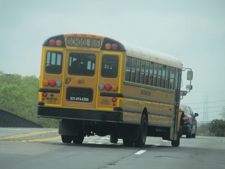 a yellow school bus sitting in front of the stop sign