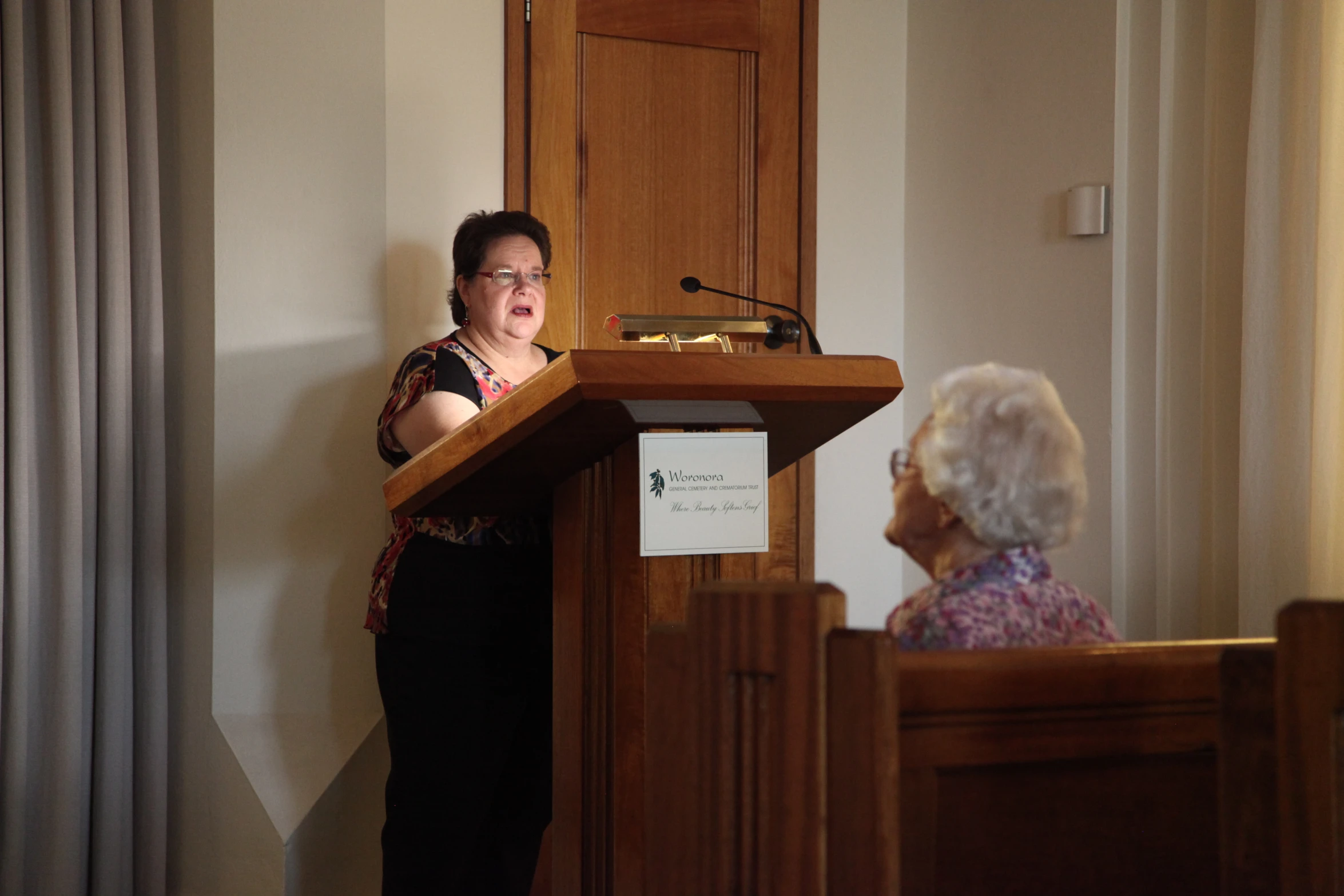 the woman is giving a speech to a crowd