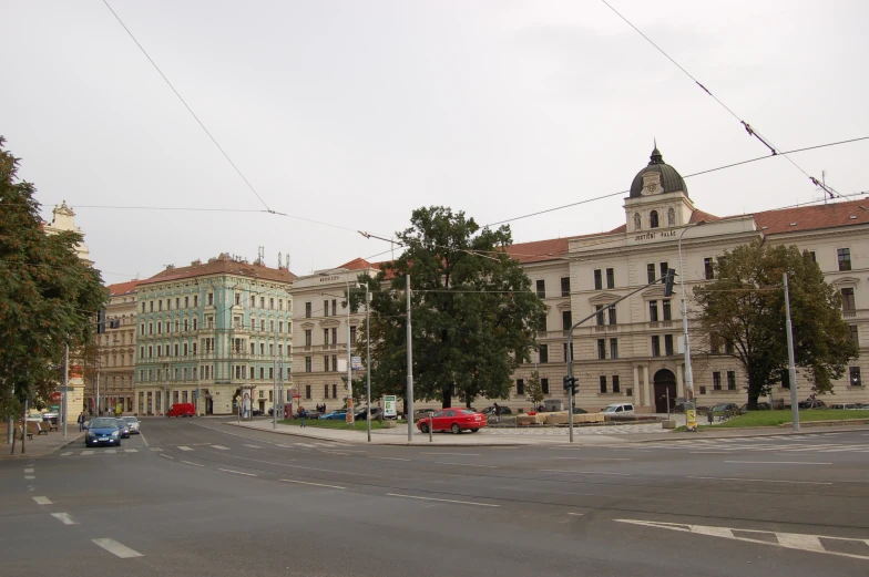 street view with buildings in the background on cloudy day