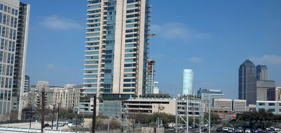 tall buildings are shown with high rise office towers