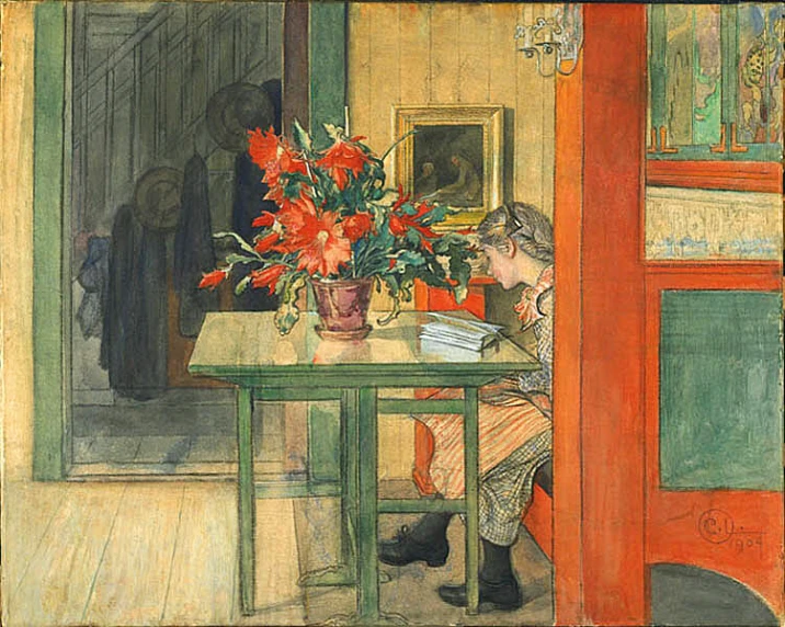 this painting is of a person writing at a desk with flowers in a vase