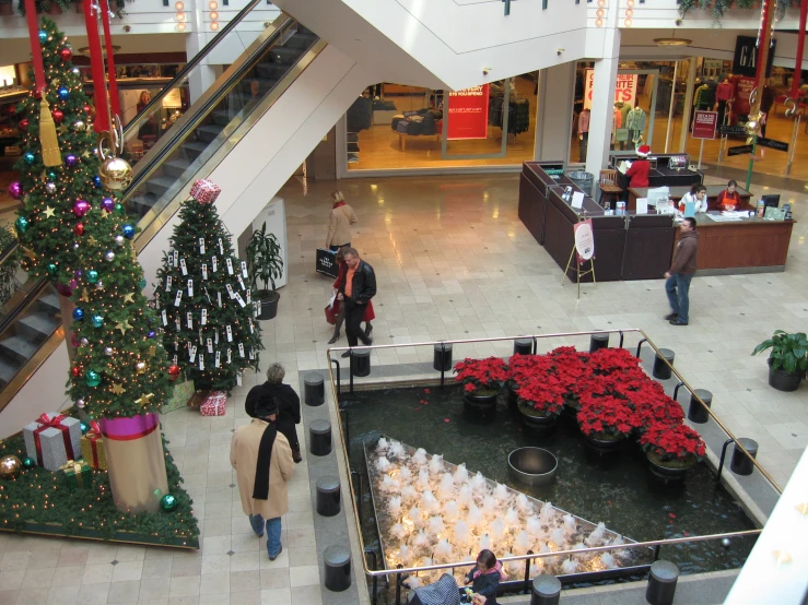 people walking around an indoor mall in the holiday