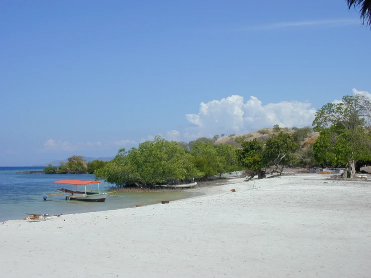 a beach scene with a boat on it