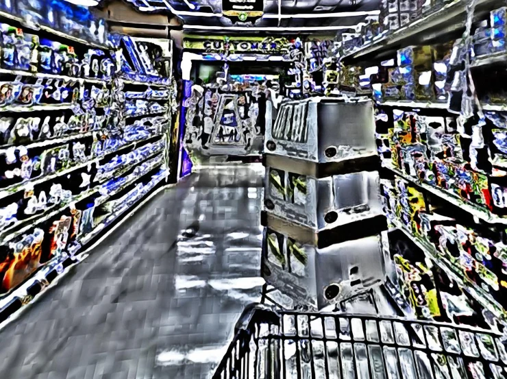 a watercolor painting of some grocery shelves in a store