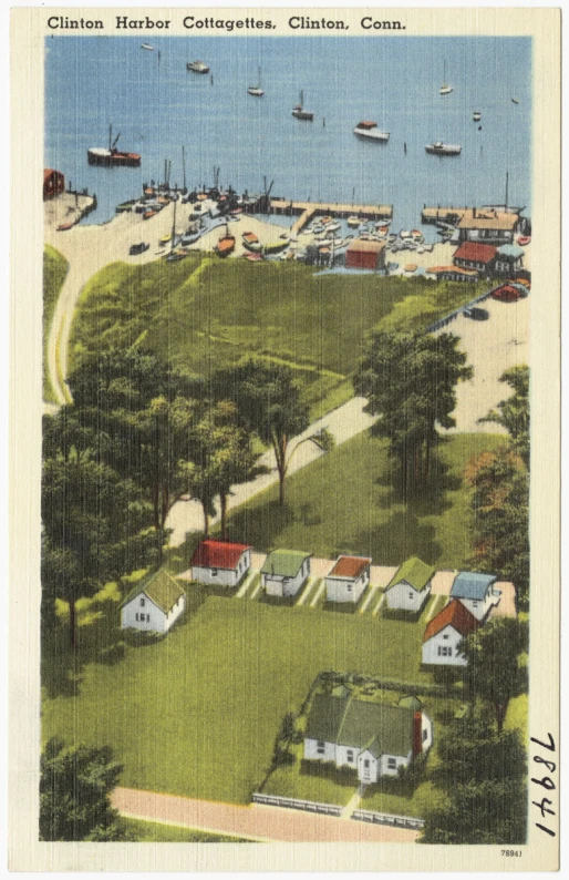 a vintage postcard shows the harbor of clinton harbor