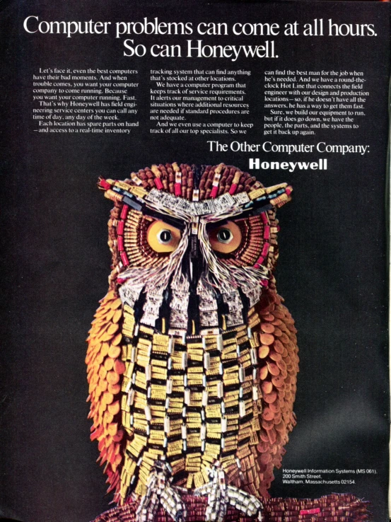 a magazine page shows an owl wearing woven headpieces