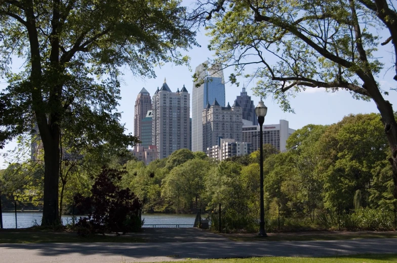 city skyline from across the park with lake and trees