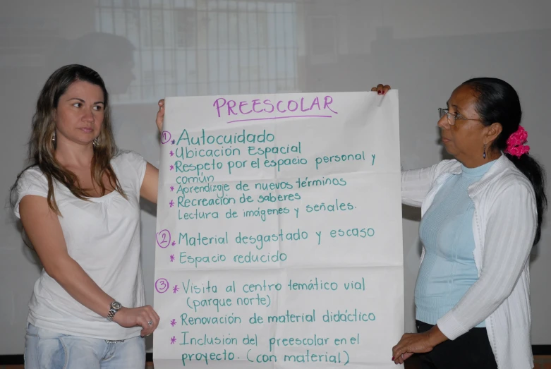 two ladies standing next to a sign holding up soing