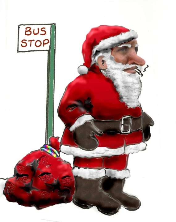 a painting of santa clause next to a bus stop sign