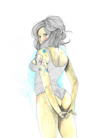 a pencil drawing of a girl in a lacy bodysuit