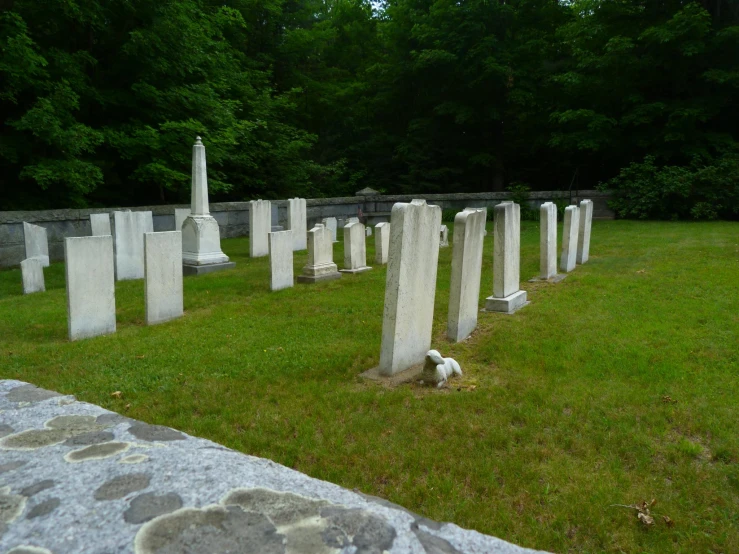 some tombstones in the grass in front of trees