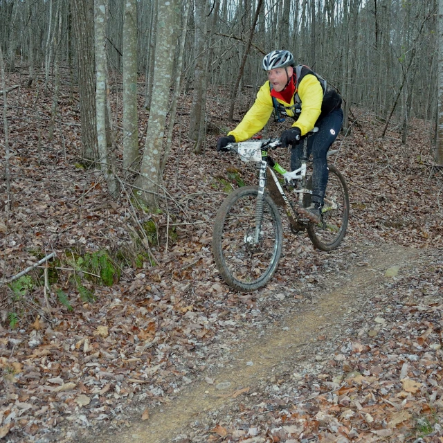 a person riding a bicycle in the woods