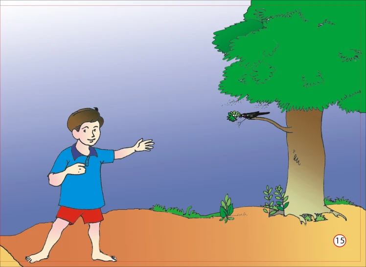 the cartoon picture of a boy in front of a tree looking at an insect