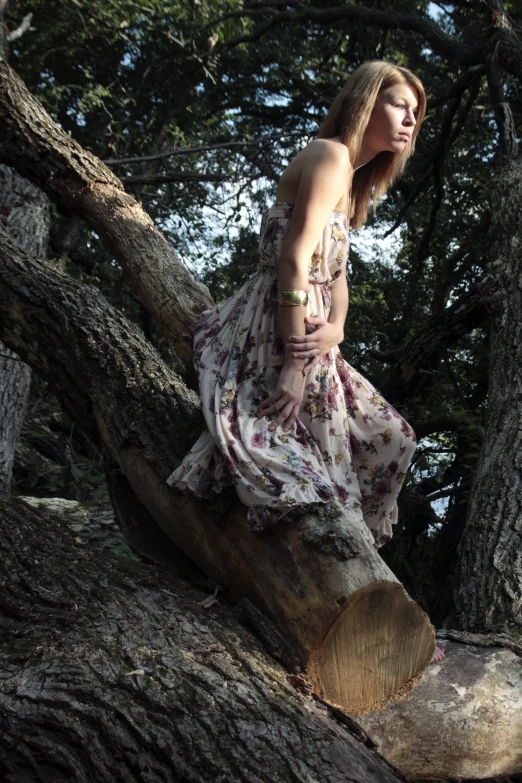 a woman in floral dress sitting on a tree nch