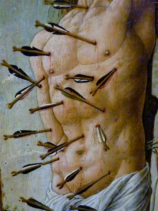 an artistic painting shows a man with bullet points in his back