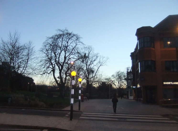 two people cross the street at twilight in the city