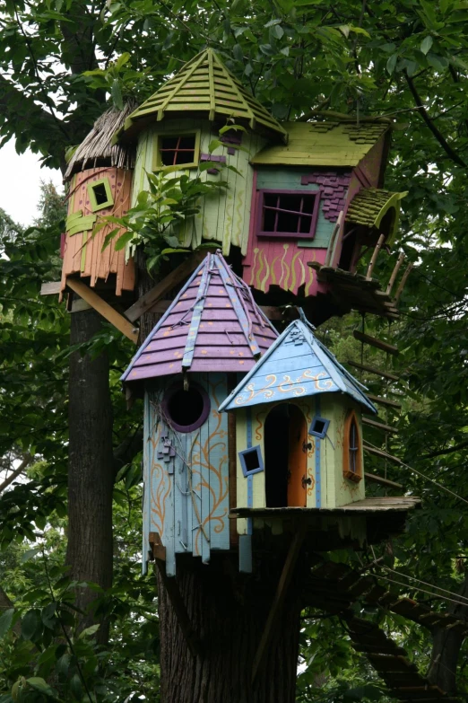 a multi colored treehouse with a purple roof