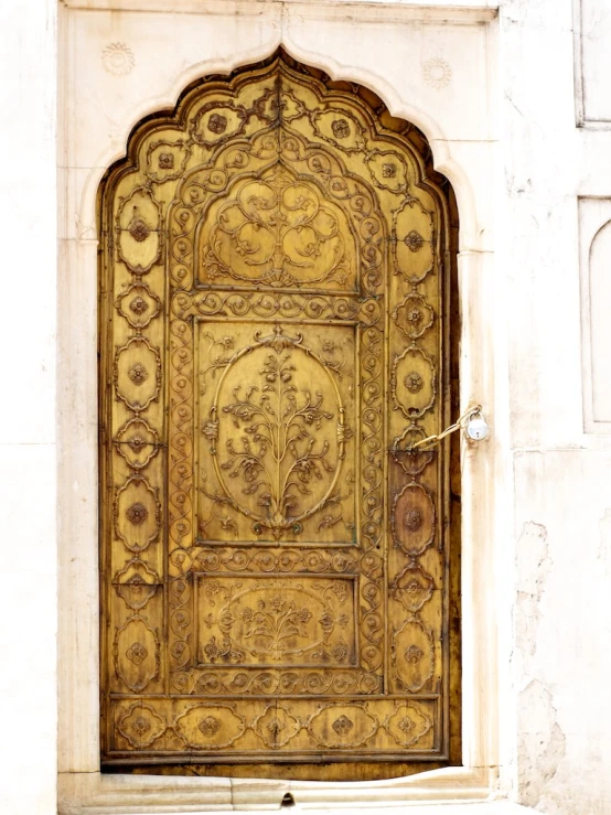 an ornate door sits behind an arch