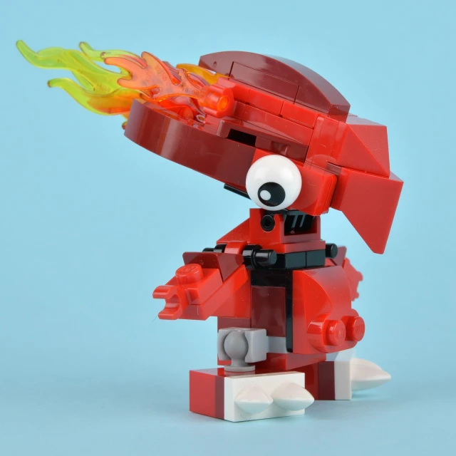 the legos character has the red hat and fire