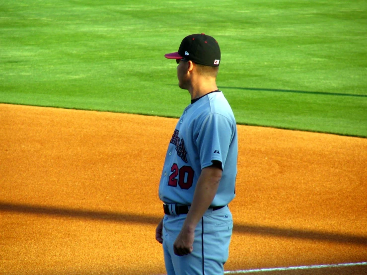 a baseball player looking down at his field