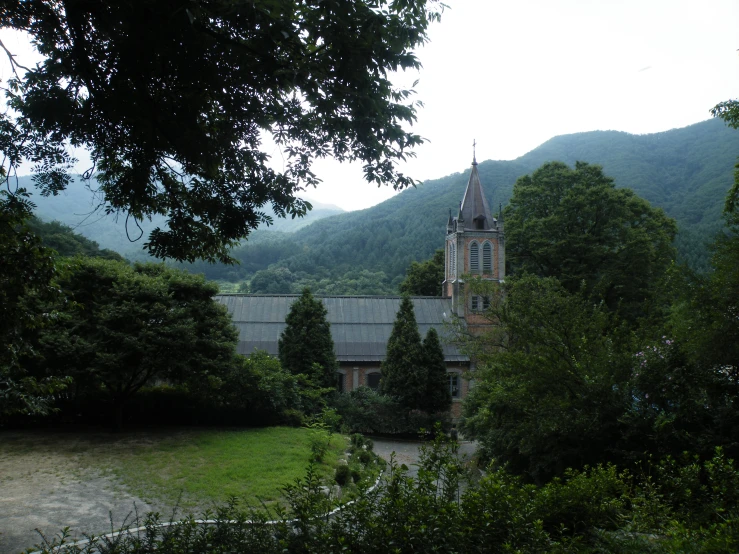 a castle and some bushes a hill and trees