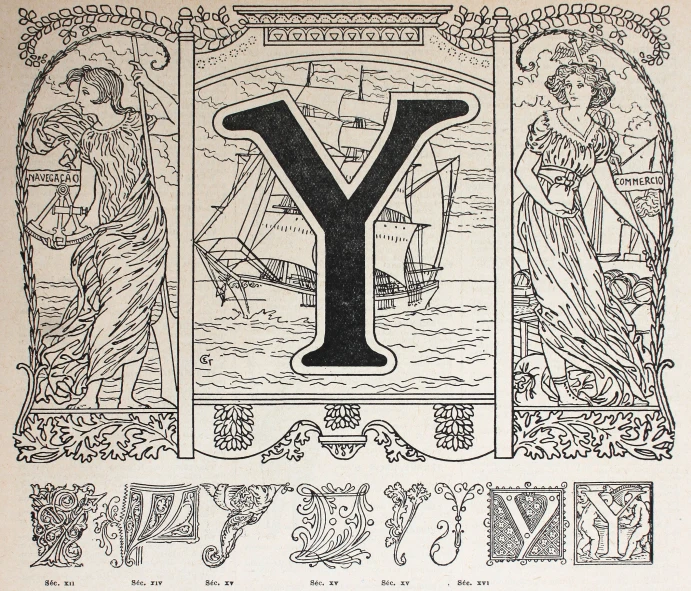 an ornately decorated letter y in an old book